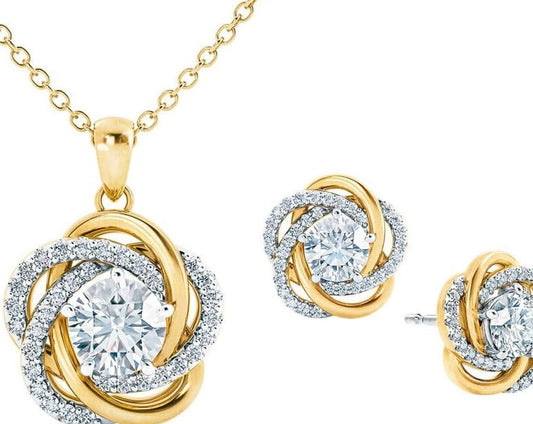 Perfectly Paired Love Knot Necklace W/Love Knot Earrings, Matching Necklace & Earrings Set, 14K Gold Necklace for Women, Luxurious Pendant W/Over 85 Diamonisse Stones #4922-002